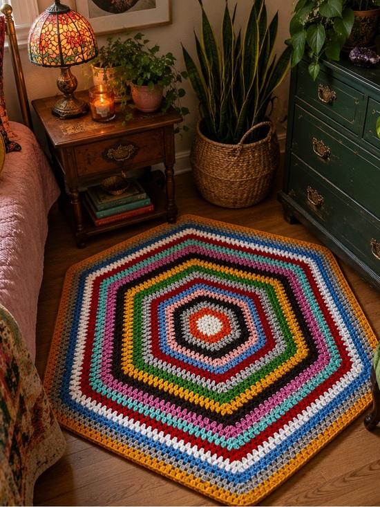 Hand Crafted Other - Handmade Crochet Hexagon Rug Boho Rainbow Cottagecore Accent Rug 38”x44”
